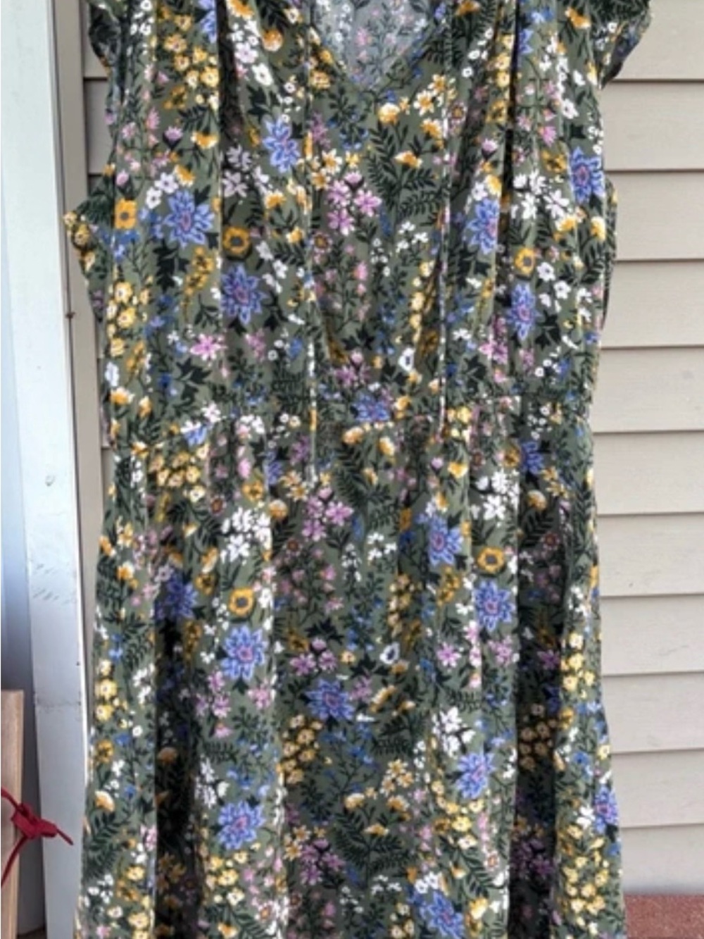 Old Navy Floral Olive Green V-Neck Mini Dress large